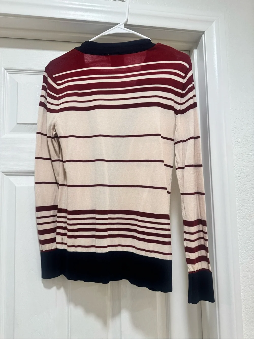 Tory Burch Maroon, Cream & blue Striped V-Neck Cardigan